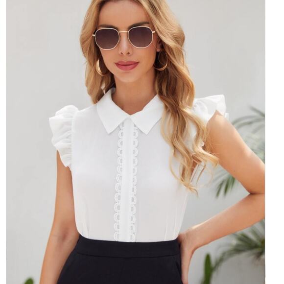 NEW Shein Women’s White Ruffle Armhole Lace Applique Blouse Top SIZE L - Picture 1 of 10